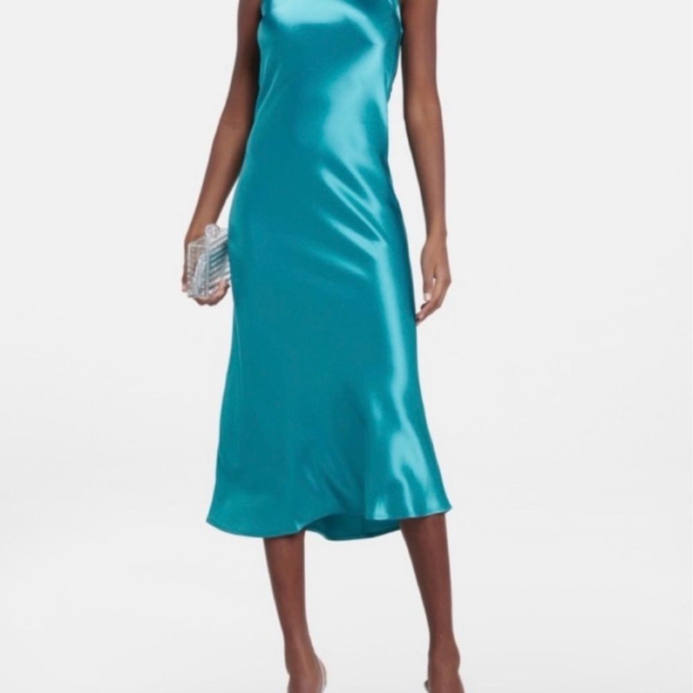 Galvan London Sienna Satin Halter Neck midi dress in teal blue